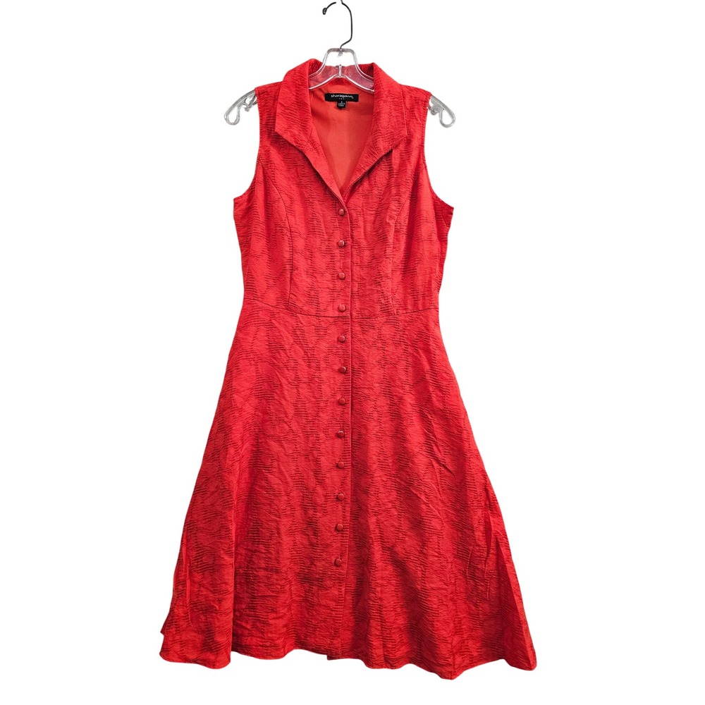 Sharagano Button Front Dress Womens 8 Red Sleeveless Collared Jacquard Pockets